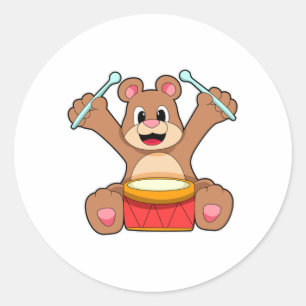 Adesivo Redondo Urso em Música com Tambor