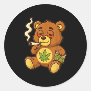 Adesivo Redondo Urso Engraçado, Urso Fumante Engraçado Com Folha C