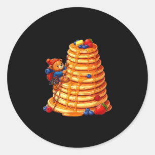 Adesivo Redondo Urso escalando pilha gigante de panquecas no café