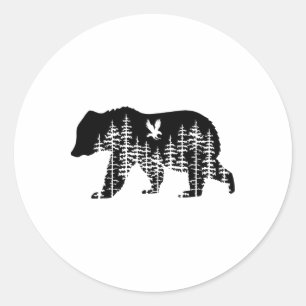 Adesivo Redondo Urso Floresta Retro Árvores Ao Ar Livre Vida Selva