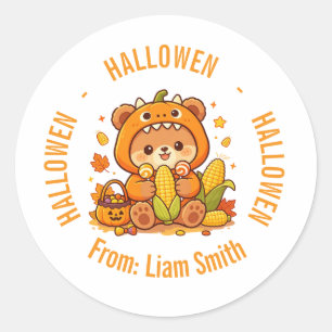 Adesivo Redondo Urso Fofo Abóbora Nome Personalizado Halloween 