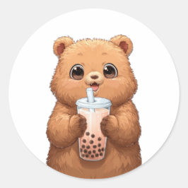Adesivo Redondo Urso Fofo Bebendo Chá de Boba | Kawaii Chá Bubble
