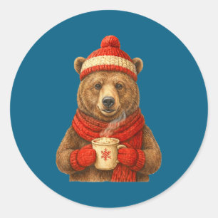 Adesivo Redondo Urso Fofo Com Chapéu de Papai Noel Amante de Café