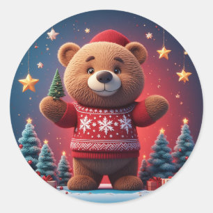 Adesivo Redondo Urso Fofo de Suéter de Natal