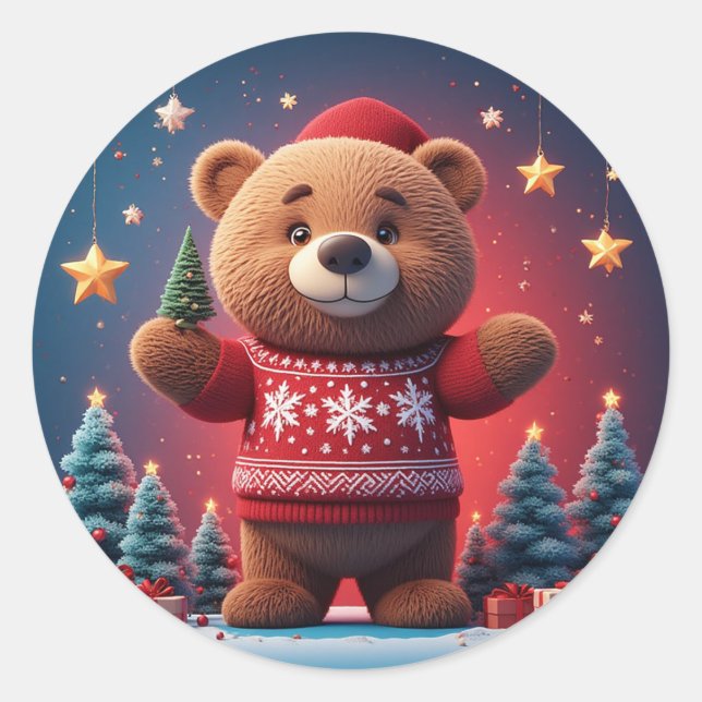 Adesivo Redondo Urso Fofo de Suéter de Natal (Frente)