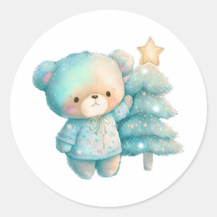 Adesivo Redondo Urso Fofo e Árvore de Natal Feriado
