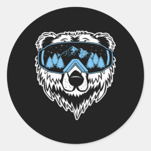 Adesivo Redondo Urso Grizzly Óculos de Neve Esquiando Neve Inverno