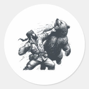 Adesivo Redondo Urso Homem Divertido Socando Urso Retro Vintage Ca