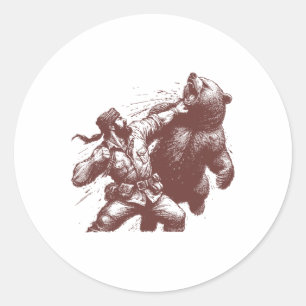 Adesivo Redondo Urso Homem Engraçado Socando Urso Retro Vintage Ca