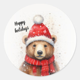 Adesivo Redondo Urso Inverno com Chapéu Vermelho Cozy