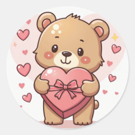 Adesivo Redondo Urso Kawaii com Caixa de Chocolate em Forma de Cor