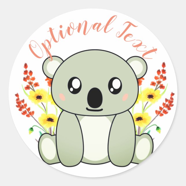 Adesivo Redondo Urso Koala Bonito com Flores (Frente)