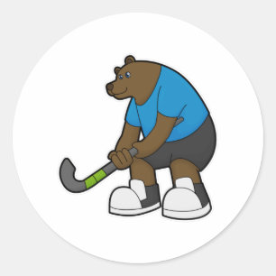 Adesivo Redondo Urso no Hóquei com bastão de Hóquei