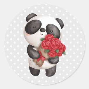 Adesivo Redondo Urso Panda Bonito com Rose Bouquet
