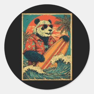 Adesivo Redondo Urso Panda de Surf Retro Surfista Havaiano Animal