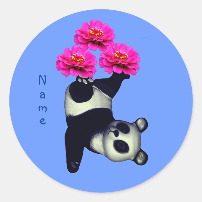 Adesivo Redondo Urso-Panda E Flor Zinnia Rosa Personalizados (Frente)