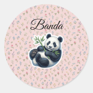 Adesivo Redondo Urso Panda em Aquarela Fofa Segurando Vinil de Bam