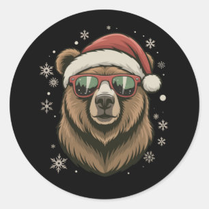 Adesivo Redondo Urso Pardo Chapéu do Papai Noel Engraçado Amante d