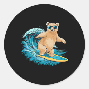 Adesivo Redondo Urso Pardo Surfista Praia Verão Prancha de Surfe S