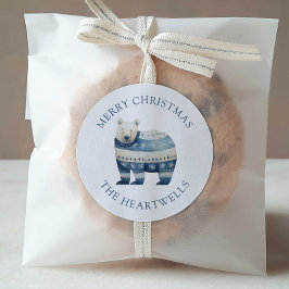 Adesivo Redondo Urso Polar Aquarela Azul Feliz Natal