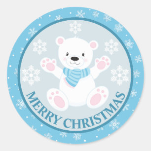 Adesivo Redondo Urso Polar Azul de Inverno e Flocos de Neve Natal
