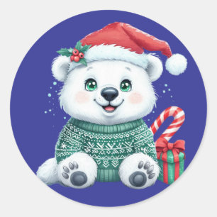 Adesivo Redondo Urso Polar Bonito de Natal em Suéter Festivo