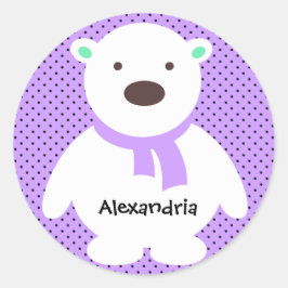 Adesivo Redondo Urso Polar Bonito em Lilac, Adicionar Nome