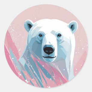 Adesivo Redondo Urso polar branco, rosa, fundo azul.