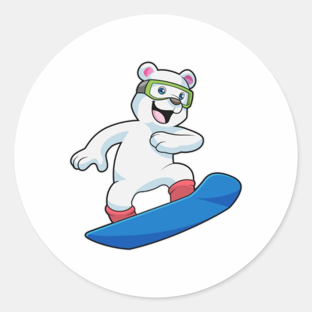 Adesivo Redondo Urso polar como Snowboarder com Snowboard (Frente)