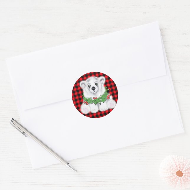 Adesivo Redondo Urso polar de Natal bonito Holly estava xadrez ver (Envelope)