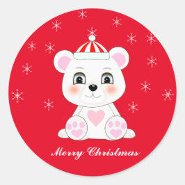 Adesivo Redondo Urso Polar de Natal Fofo & Flocos de Neve em Verme
