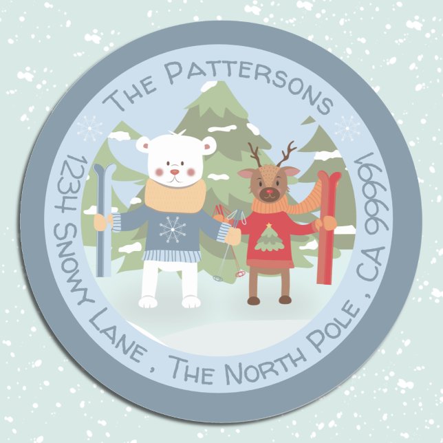 Adesivo Redondo Urso Polar e Selos de Envelope Azul-Reindeer (Criador carregado)