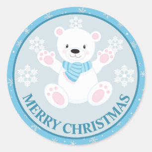 Adesivo Redondo Urso Polar Fofo e Flocos de Neve Azul Natal