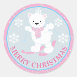 Adesivo Redondo Urso Polar Fofo e Flocos de Neve Natal Rosa