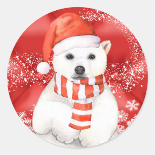 Adesivo Redondo urso polar num boné papai noel - flocos de neve c