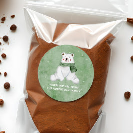 Adesivo Redondo Urso Polar Vestindo Espinho Verde Deixá-lo Neve Fe