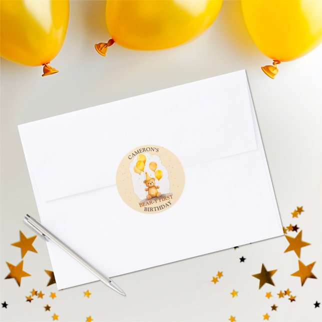 Adesivo Redondo Urso Primeiro Aniversário Sexo Neutro Urso Amarelo (Criador carregado)