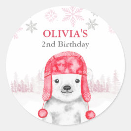 Adesivo Redondo Urso-Rapariga De Aniversário De Animais De Inverno