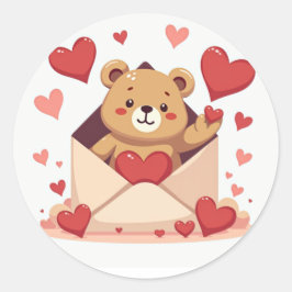 Adesivo Redondo Urso Reprodutor Saindo do Envelope com Corações
