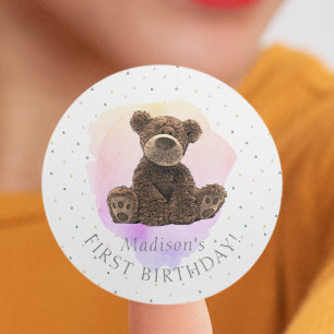 Adesivo Redondo Urso Selvagem Rosa Primeiro Aniversário Moderno