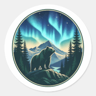 Adesivo Redondo Urso sob as Luzes do Norte – Deserto Montanhoso N