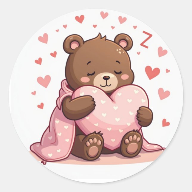 Adesivo Redondo Urso Sonolento Cozy com Travesseiro Cardíaco Kawai (Frente)
