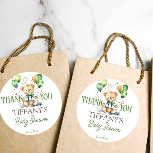 Adesivo Redondo Urso verde-chá de fraldas do ursinho verde (Bearly wait teddy bear baby shower green balloons thank you favor stickers cute teddy green balloons)