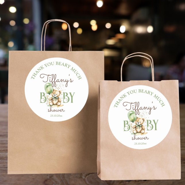 Adesivo Redondo Urso verde-chá de fraldas do ursinho verde (Bearly wait teddy bear green baby shower favor sticker thank you stickers )