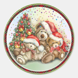 Adesivo Redondo Ursos bonitos com Papai Noel e Árvore de Natal