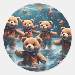 Adesivo Redondo Ursos de Teddy Nadando numa Piscina de Peixe