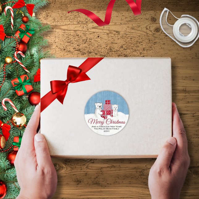 Adesivo Redondo Ursos Polares Adoráveis Com Natal Vermelho (Criador carregado)