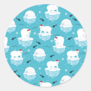 Adesivo Redondo Ursos Polares Bonitos em Santa Hats, Padrão de Na