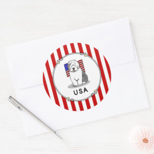 Adesivo Redondo US American Flag Old English Sheepdog (Cinza 1)