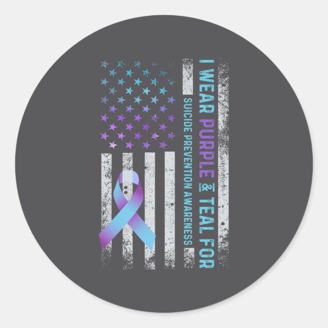 Adesivo Redondo Us Flag I Wear Purple And Teal Suicide Prevention  (Frente)
